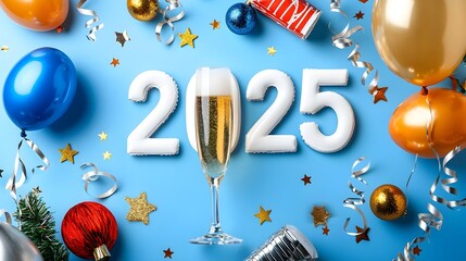 Aufkleber - Stylish geometric 2025 design accented with line art champagne glasses balloons streamers and stars for premium party or holiday backgrounds and promotional content
