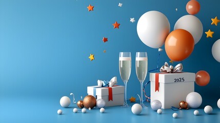 Aufkleber - Vibrant Geometric 2025 Design with Stylized Champagne Glasses Balloons Streamers and Stars Offering Ample Space for Promotional Content