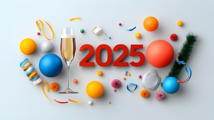 Poster - Minimalist and modern design featuring a geometric font with the year 2025 complemented by line art of champagne glasses and festive streamers