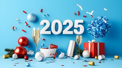 Aufkleber - Elegant and modern design featuring the year 2025 in a geometric font complemented by minimalist line art elements such as champagne glasses and streamers creating a sleek and festive visual for ads