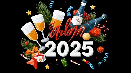 Aufkleber - Minimalist and Geometric 2025 Typography Design with Champagne Glasses Stars and Streamers Leaving Room for Advertising Copy or Promotional Text