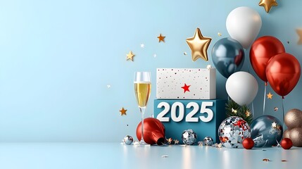 Leinwandbilder - Modernist Geometric 2025 Graphic with Minimal Line Art Accents of Stars Balloons and Champagne Glasses Offering Marketing Space for Text or Branding