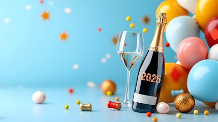 Aufkleber - Minimalist 2025 Design with Abstract Line Art of Stars Balloons and Champagne Glasses Offering Marketing Space for Text or Branding