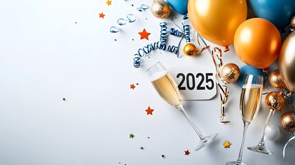 Poster - Elegant minimalist geometric background design with 2025 numeral and whimsical balloons stars and champagne glasses perfect for New Year s Eve anniversary or other celebratory events