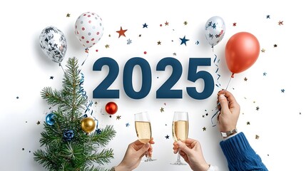 Poster - Elegant and Minimalist Geometric Design Featuring the Number 2025 Surrounded by Floating Balloons Sparkling Stars and Champagne Glasses with Streamers   Perfect for New Year s Marketing Materials