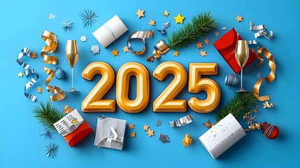 Poster - Futuristic and modernistic 2025 design in a geometric font accented by line art of streamers champagne glasses and stars providing blank areas for advertisement or promotional text overlay