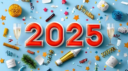 Aufkleber - Futuristic 2025 text in a sleek geometric font accented by line art of swirling streamers champagne glasses and shimmering stars providing a modern minimalist background for holiday party or designs