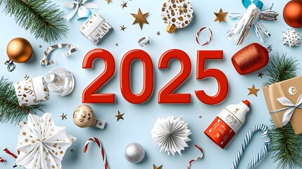 Poster - Futuristic 2025 Geometric Font Accented by Vibrant Line Art of Streamers Champagne Glasses and Stars Providing Blank Areas for Advertising Text or Branding