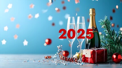 Poster - Stylized modern graphic design featuring a sleek geometric  2025  font accented by simple line art of champagne glasses stars and celebratory streamers offering a clear