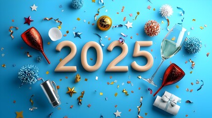 Poster - Stylish and modern 2025 design in a sleek geometric font accented with line art of champagne glasses stars and streamers offering a premium and exclusive look for new year events