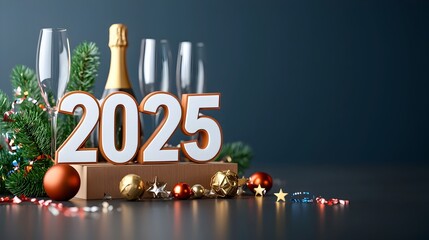Aufkleber - Minimalist 2025 in bold geometric font decorated with champagne glasses stars and streamers designed with open space for marketing or advertisement purposes