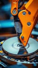 A machine is cutting a CD. The machine is orange and has a claw-like arm. The CD is spinning on a table