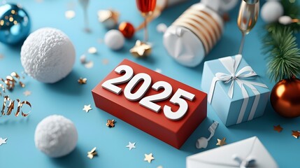 Poster - Sleek and modern geometric 2025 design with minimalist line art elements like stars champagne glasses and streamers creating a stylish and eye catching backdrop for festive new year s campaigns
