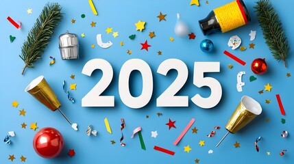 Poster - Stylish and modern 2025 text design in a sleek geometric font complemented by minimalist line art of celebratory elements like stars champagne glasses and streamers