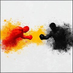 Dynamic illustration of two boxers in a colorful, abstract confrontation.