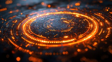 Poster - Futuristic 3D rendered tech circle with glowing neon lights and digital elements against a dark background symbolizing big data and advanced technology