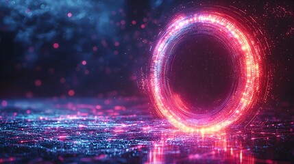 Poster - Abstract 3D digital tech circle with neon data points and smooth curves floating on a dark background capturing the essence of big data visualization and information technology