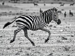 Canvas Print - A zebra is running across a field with other animals in the background. The image has a sense of freedom and movement, as the zebra is in the middle of the action