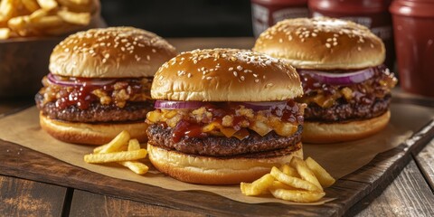 two hamburgers with cheese, onions and onions on a wooden board