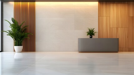 Sophisticated hotel lobby featuring a sleek reception desk large panoramic windows showcasing a stunning cityscape view and a luxurious modern interior design with high end finishes