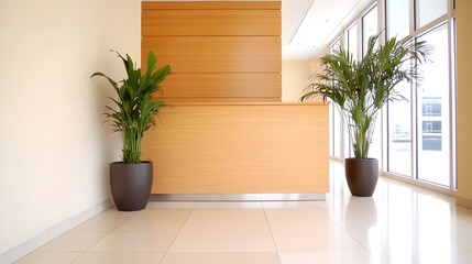 Poster - Sophisticated and Luxurious Hotel Lobby Interior with Panoramic Windows Sleek Reception Desk and Elegant Decor Elements for a Welcoming Atmosphere