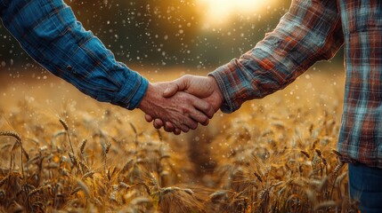 Close-up of two farmers shaking hands in a golden wheat field at sunset, symbolizing trust, partnership, and cooperation in agriculture.