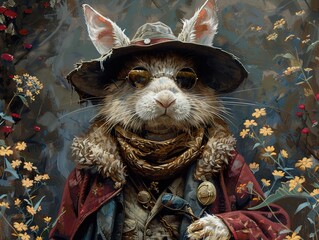 Wall Mural - A Portrait of a Rabbit in a Hat and Sunglasses