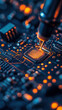 © BOW_NAPASORN - A close up of a computer chip with a soldering iron on it. Concept of precision and technical expertise