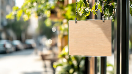 Elegant blank rectangular store signage design mockup isolated against a softly blurred urban background perfect for business promotions and marketing visuals