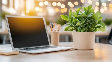 Aufkleber - Minimalist Workspace with Laptop and Green Plant in Natural Light : Generative AI