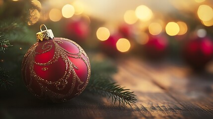 Aufkleber - Festive Red Christmas Ornament on Rustic Wooden Table with Glowing Bokeh : Generative AI