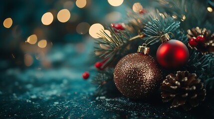 Poster - Magical Christmas Scene with Glittery Baubles and Pinecones on Atmospheric Blue Background : Generative AI