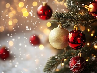 Aufkleber - Festive Christmas Tree with Red and Gold Baubles and Captivating Snowfall Reflections : Generative AI