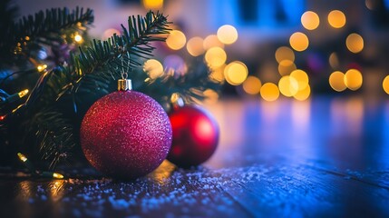 Fototapete - Christmas Baubles on Floor with Twinkling Holiday Lights in Cozy Evening Ambiance : Generative AI