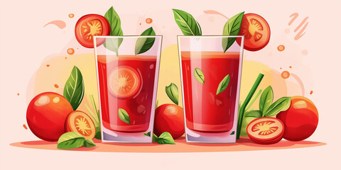 Two glasses of fresh tomato juice with tomatoes and basil leaves