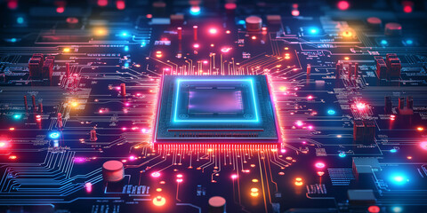 Poster - Cpu processing data on motherboard with glowing circuits