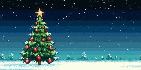 pixel art christmas tree standing in snowy landscape at night