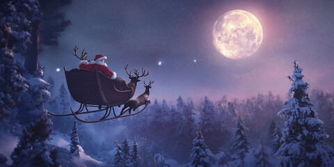 Wall Mural - Santa claus flying over snowy forest with reindeer sleigh on christmas eve