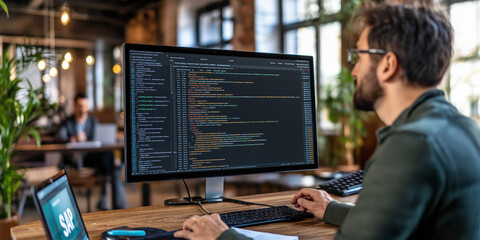 Leinwandbilder - Software developer programming javascript application working on computer in office