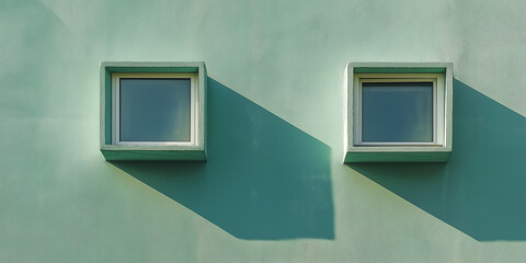 Poster - Two square windows casting shadows on a teal wall
