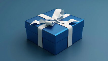 Blue gift box with white ribbon on plain background