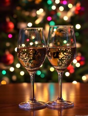 Poster - Elegant Champagne Glasses on Table with Christmas Tree Bokeh Lighting Decor : Generative AI