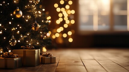 Wall Mural - festive christmas tree with glowing lights and wrapped gifts