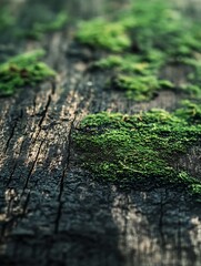 Poster - Closeup of Vibrant Green Moss on Weathered Wooden Surface : Generative AI
