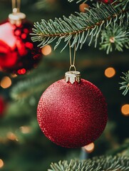 Aufkleber - Red Glittery Christmas Ornament Hanging on Pine Tree with Soft Focus Lights : Generative AI