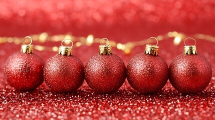 Aufkleber - Festive Red Christmas Baubles in a Row Against Sparkling Background : Generative AI