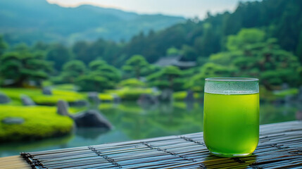 A glass of green tea is sitting on a table in front of a beautiful mountain view. Concept of tranquility and relaxation, as the viewer can imagine themselves sitting by the water