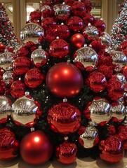 Aufkleber - Vibrant Red and Silver Christmas Ornament Display on Holiday Tree : Generative AI