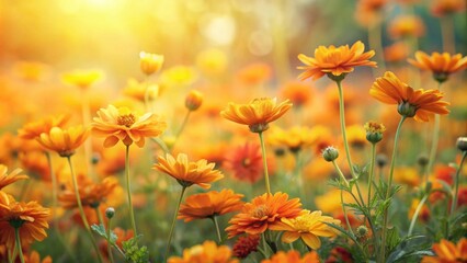 Wall Mural - Field of delicate orange and yellow flowers against a soft backdrop, evoking warmth and tranquility in a stunning floral scene