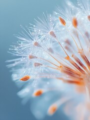 Poster - Delicate White Dandelion Seed Head Against Soft Blue Hue Backdrop in Macro Photography : Generative AI